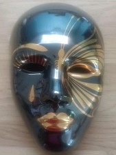 VINTAGE VENETIAN CARNIVAL CERAMIC MASK WALL HANGING BLACK & GOLD,  22 X 16 cm 