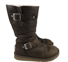 UGG Women’s Size 7 Kensington Biker Brown Leather Fur Lined Buckle Boots 5678