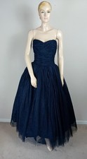 Vintage 1950s Black & Blue Strapless Full Skirt Lace Evening Ballgown Dress XS S