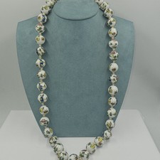 Vintage Necklace Cloisonne Beaded White Glass Floral Gold Tone 27" Long