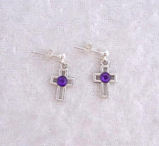 Tibetan Silver Cross 3D Purple Diamante, 925 Silver Hanging Stud Earrings