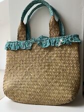 Tartine Et Chocolat Straw Bag Raffia Ruffle Eau De Nil Turquoise White Lined