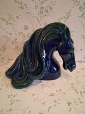 Rare Vintage Italian Pottery / Ceramic Horses Head In Green And Blue 