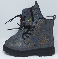 Girls Silver Disco Sparkle & Black Boots -  UK Size 3 - Lace Up & Zip - New