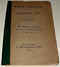 Shakespeare & Spiritual Life, John Masefield, Paperback, Signed, 1924 Clarendon