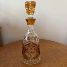 Vintage Bohemian Amber Cut-to-clear Glass Decanter with Stopper 27cm Height