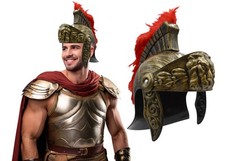 Adult Gold Roman Helmet Spartan Greek With Red Feathers Armor Gladiator Costume