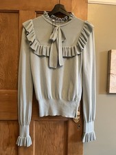 Zara Jumper Size Small Green High Neck Long Sleeve Frill Bow Detail Knit