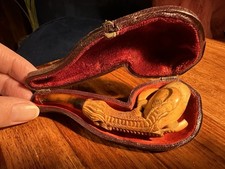 Antique Meerschaum Pipe Eagle Claw & Egg Amber Stem Cased Vienna c1900