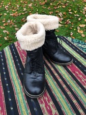 Faith Black Leather and Fleece Ladies Granny Boots Lace Up Slip On UK5