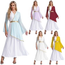 UK Women Ancient Greek Costume Long Sleeve Dress Roman Queen Princess Toga Gown