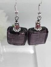 Fused Glass Drop Earrings Purple Square shape 925 Sterling Silver Hooks Handmade