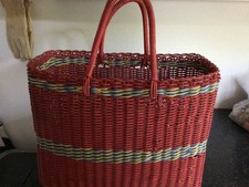 Vintage Plastic & Wicker Woven Basket. Beach Bag Shopping Basket. Red. Retro