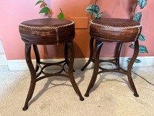 Pair of Hand Stitched Antique Brown Leather Pouf Stools with 3. 1/2" Thk cushion