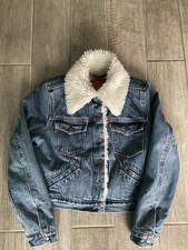 Ladies Fully Faux Fur Lined Blue Levi Strauss Short Cropped Jacket, Size 8-10UK.