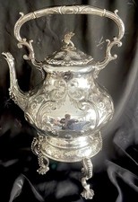 Large Antique Silver Plated Tea Spirit Kettle on Stand by R&B. Bird Lid