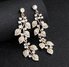 Bridal Vine Earrings Gold Diamanté Leaf Drop New Bride Wedding Dangling boho