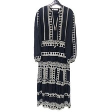 ZARA Black Linen Boho Midi Maxi Modest Kaftan Dress With White Embroidery Size M