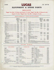 Reliant Regal Regent 1959 Lucas Spare Parts List 4 page NOT ILLUSTRATED 