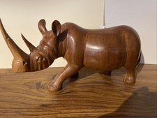 Vintage Wood Rhino Hand Carved Wooden Animal Sculpture Rhinoceros Figurine