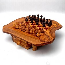 Olive Wood Wooden Handcrafted Chess Board Set W/ Pieces & Two Drawers