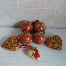 Vintage Paper Mache Baubles X7 Hearts Teddy Flower Santa Retro Christmas Tree