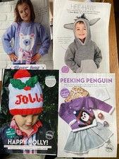 4 Knitting Patterns Childrens Christmas Jumpers & Hat Donkey, Penguin Polar Bear