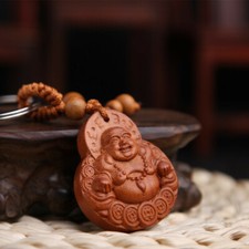 Peach Wood carving buckle Lucky Buddha Pendant Keychain