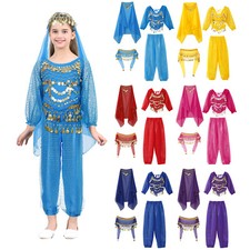 UK Kids Girls Dancewear Belly Dance Outfits Glittery Dancing Crop Top Costume 