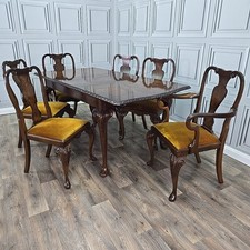 Antique Dining Table & Chairs 6 – Burr Walnut – Extending Queen Anne "Chechik"