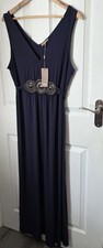 BNWT Soon Size 16 Stretch Navy Beaded Maxi Dress Attached Belt RRP £28 