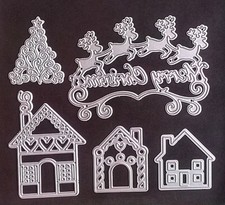 3 Houses, 1 small Tree, 1 Reindeer Merry Christmas sentiment craft dies