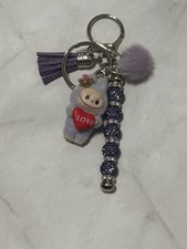 Labubu Checkmate Purple Standing Mini Figure Bag Charm Keychain W/Tassel & Beads