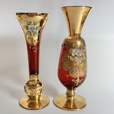 Vintage RED Tre Fuochi Murano Venetian Glass Vase gold Plated Italy