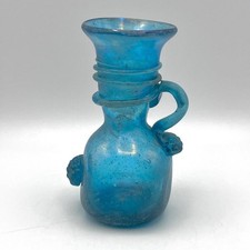 Vintage Art Glass Small Turquoise Blue Scavo Handled Vase 13cm tall Roman Style