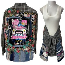 Upcycled Flannel Shirt Jacket Shacket Womens XL Tokyo Kitty Pink Car Grunge