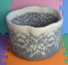Hand Knitted Felted Basket Snowflake Pattern Grey White 25cm diameter 17cm high
