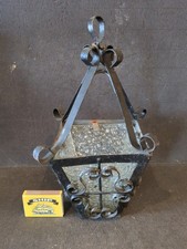 SMALL VINTAGE STYLE HANGING WROUGHT IRON & EMBOSSED CLEAR GLASS PANELED LAMP