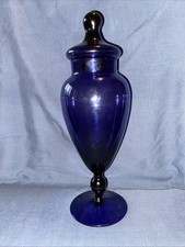 Vintage Empoli Blue Glass Apothecary Jar with Circus Tent Lid.