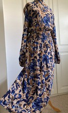 M&S Beige Blue Artisan Print Dress Ruched Waist Victoriana Prairie Sz 10 New