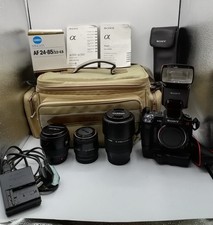 Sony A350 digital single lens reflex camera including case and lenses. 