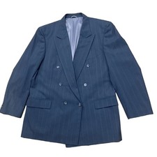 Mario Zignone Vtg70s 90s Double Breasted Suit 44R Gray Blue Stripe Peak Lapel