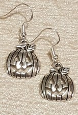 Halloween jack o lantern pumpkin charm drop earrings on 925 silver fish hooks 