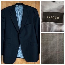 Jaeger Navy Blue Fine Check 100% Wool Jacket Blazer Size 56R/Chest 46”