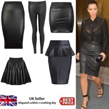 Women Ladies Wet Look Faux Leather Pencil Stretch Plus Size Midi Skirt 8-26 