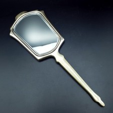 Art Deco Hand held mirror Silver colour metal blue guilloche enamel C1920s-30s