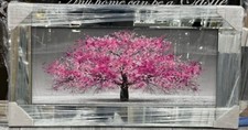 XL Pink Cherry Blossom Tree Liquid Art Wall Frame Chrome Look 82x42cm S-20