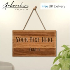 Personalised Custom Wooden Sign String Hung Engraved Text, Plaque, Oak, 10 Fonts