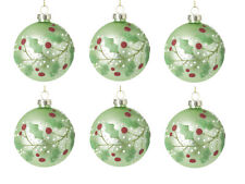 Heaven Sends Green Glass Holly Design Leaf Round Bauble Xmas Tree Decoration x6