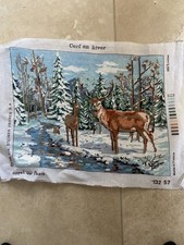 Completed French tapestry Margot de Paris. Winter scene, deers, stag, snow 